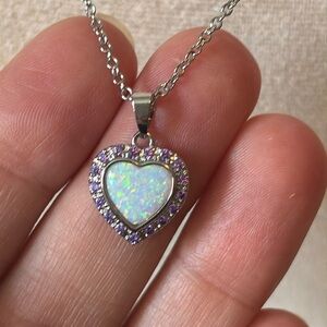 AAA CZ & Lab Created Opal Heart 18k White Gold Filled Pendant & Chain Necklace